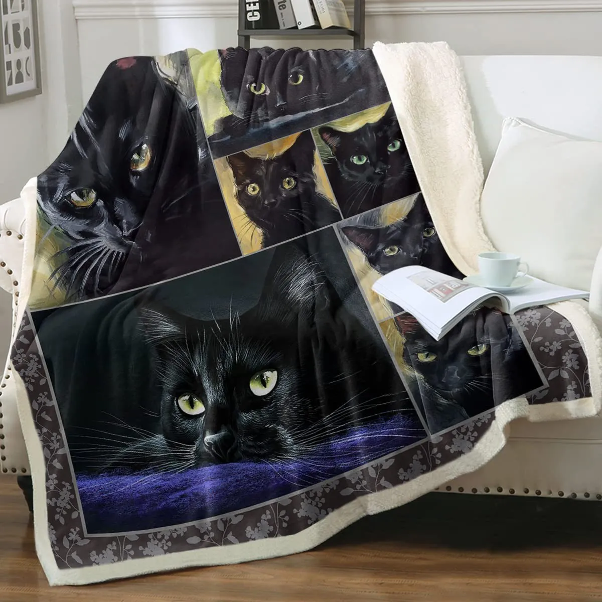 Cat sherpa blanket with animal pattern printing double layer children polyester fibre throw in multiple colours and sizes