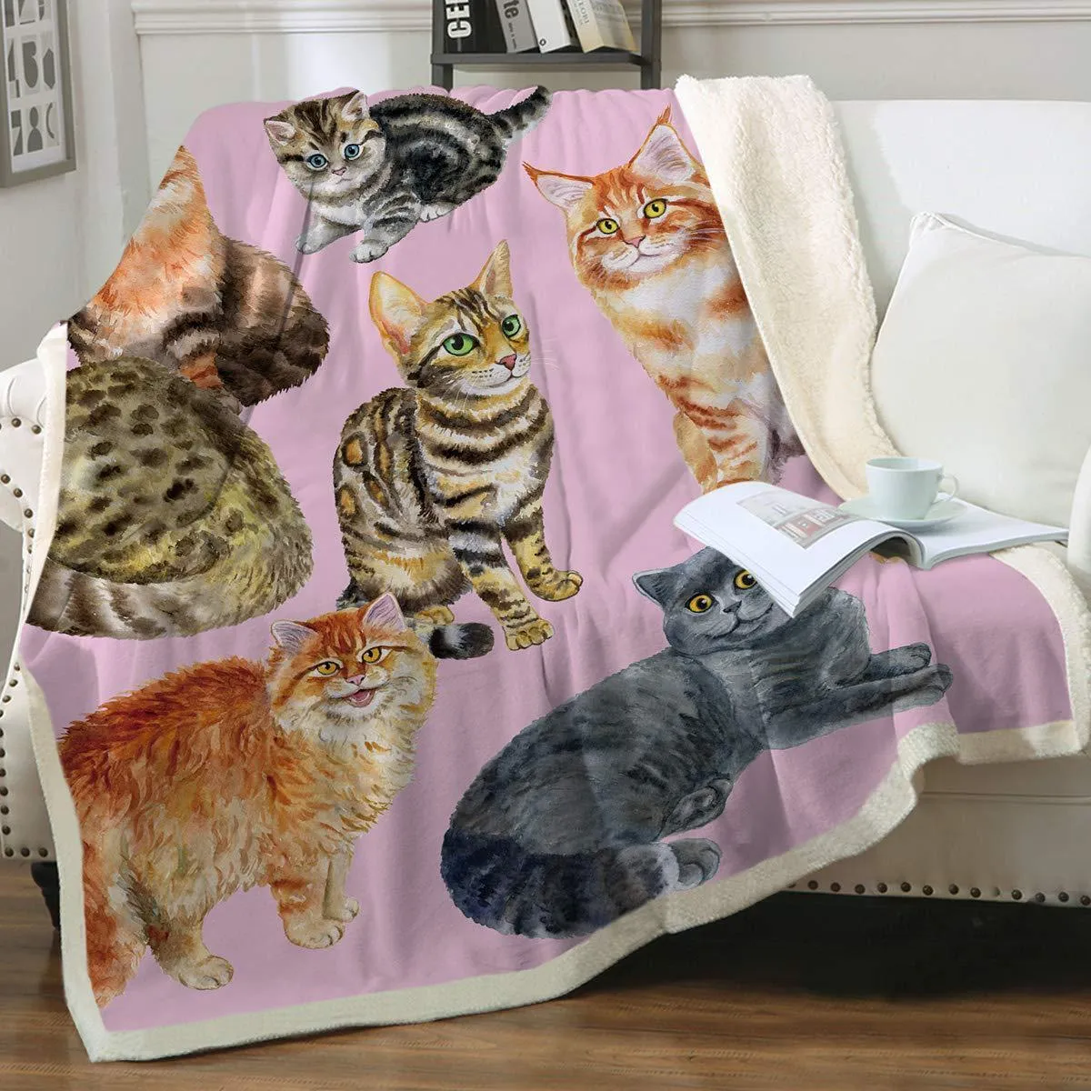 Cat sherpa blanket with animal pattern printing double layer children polyester fibre throw in multiple colours and sizes