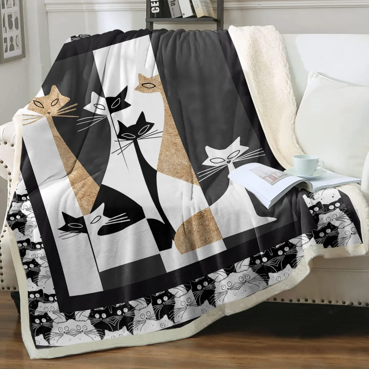 Cat sherpa blanket with animal pattern printing double layer children polyester fibre throw in multiple colours and sizes