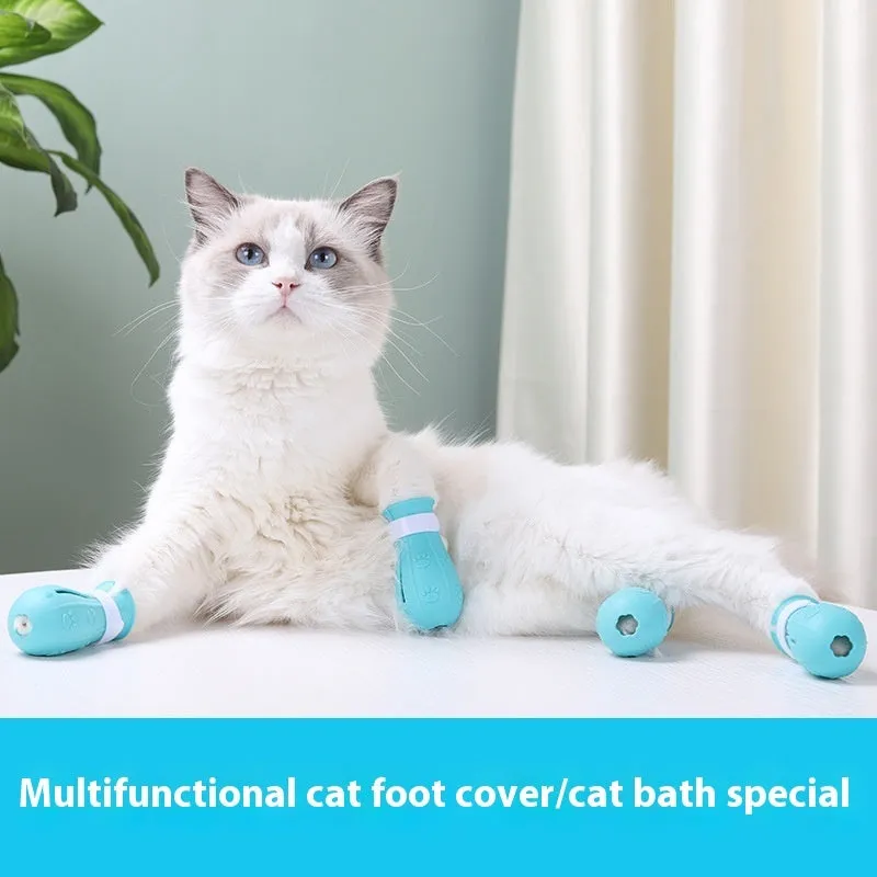 Set of cat foot covers in light blue, light green, and pink rubber for anti-scratch bath protection