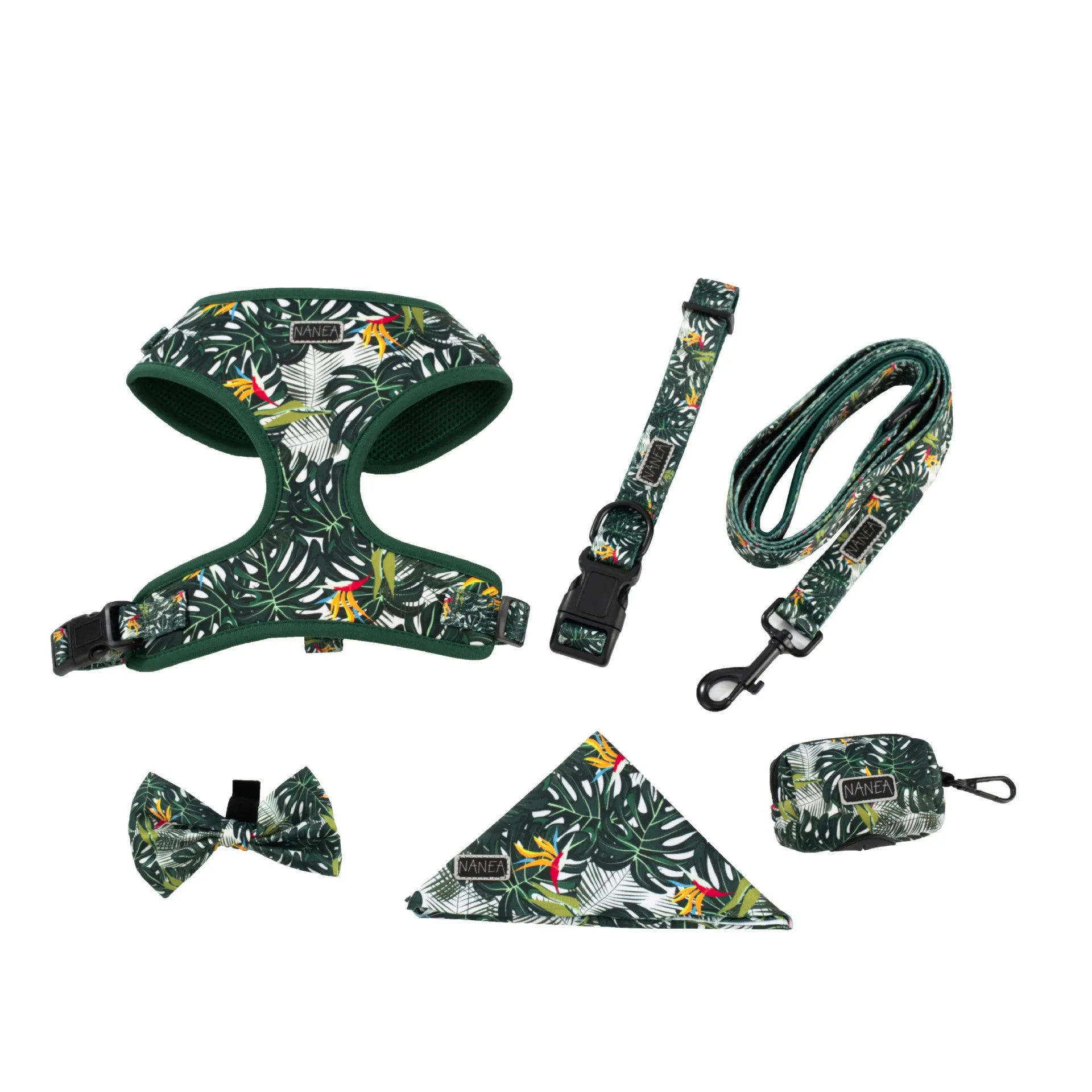 Adjustable cloth dog vest harness with haulage rope, collar, waste bag, bow tie, and scarf accessories