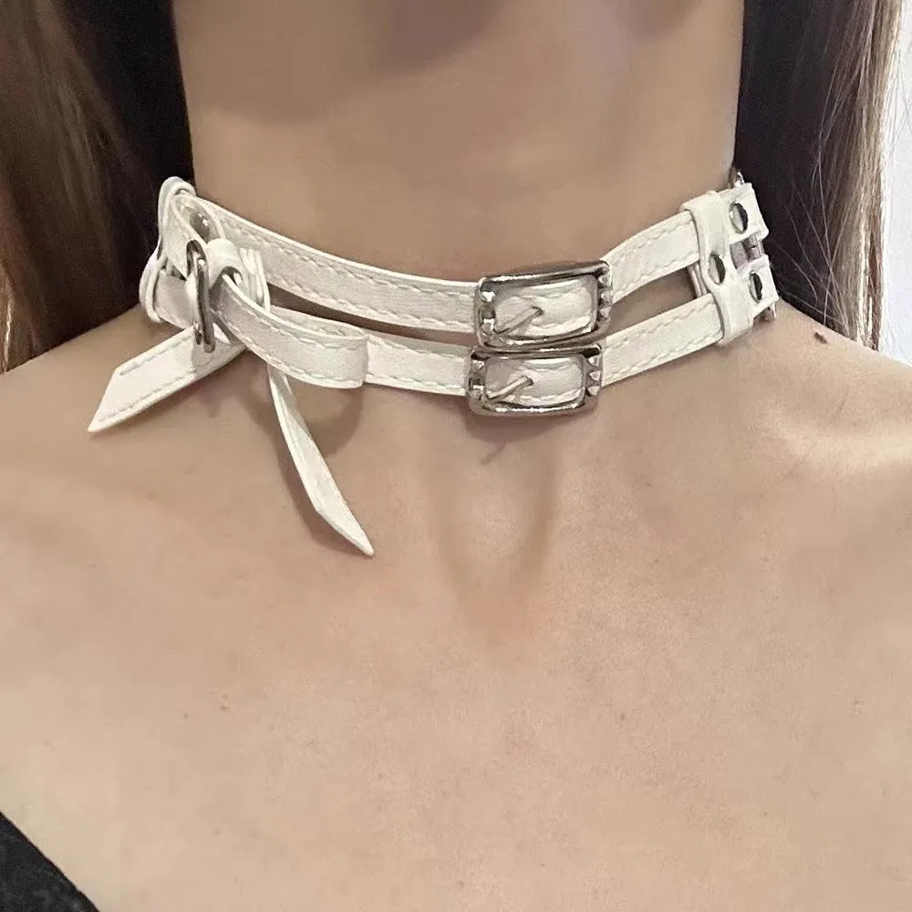 Women's cool white bow leather necklace with electroplated alloy pendant on leather cord