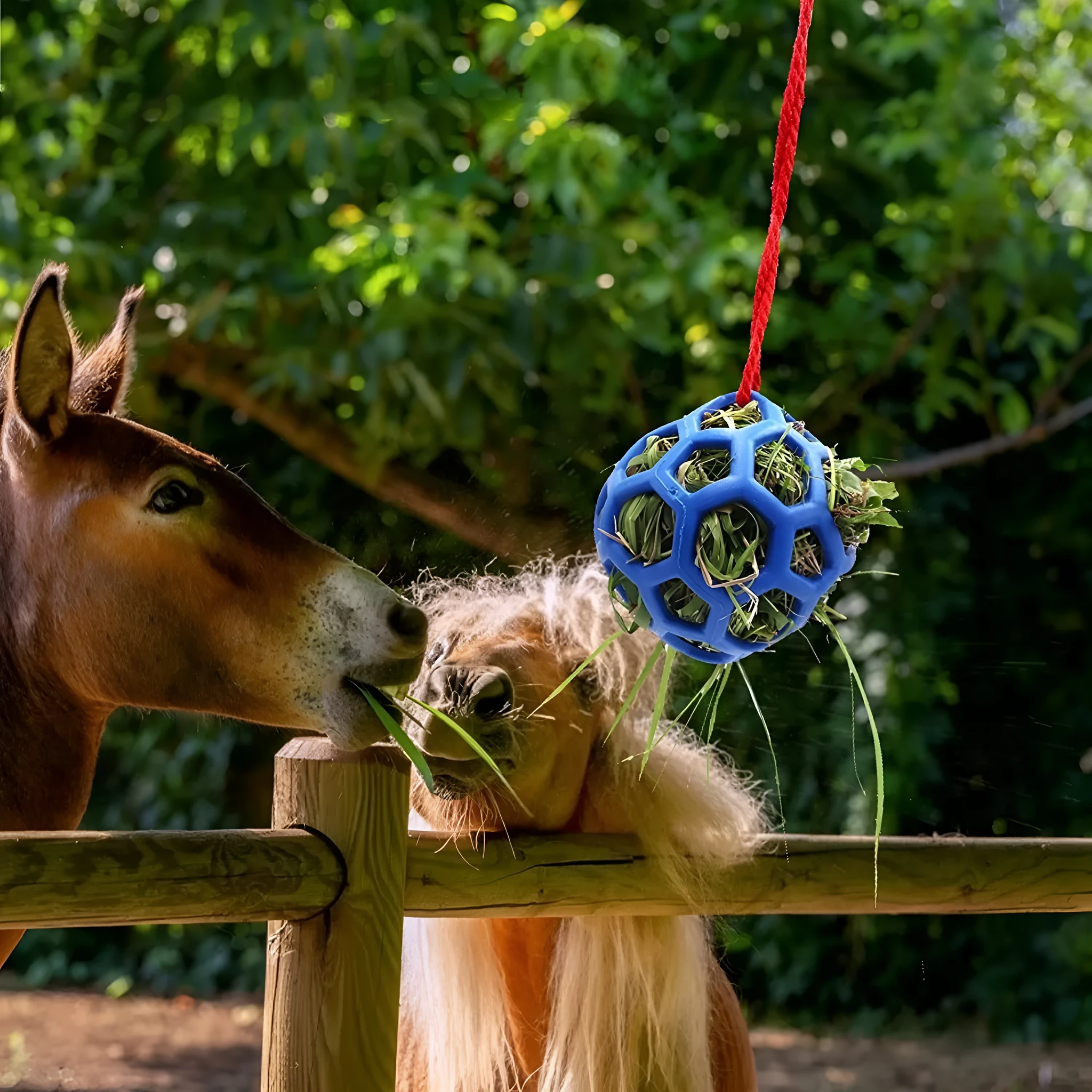 Stable hanging hay feeder toy ball with rope for small animals in red blue and green colours