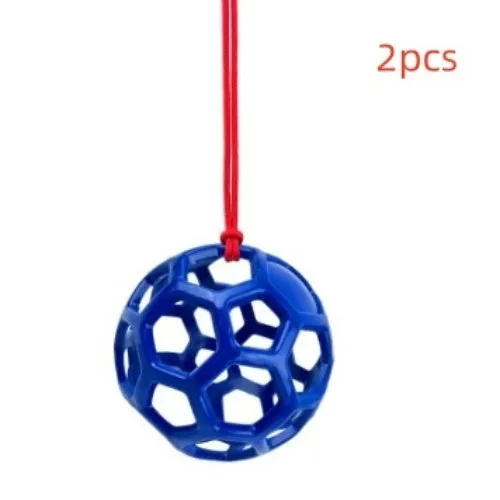 Stable hanging hay feeder toy ball with rope for small animals in red blue and green colours