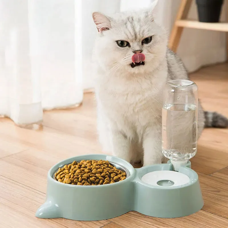 Blue automatic gravity pet food and water feeder bowl with stainless steel interior for cats and dogs