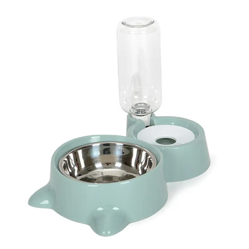 Blue automatic gravity pet food and water feeder bowl with stainless steel interior for cats and dogs