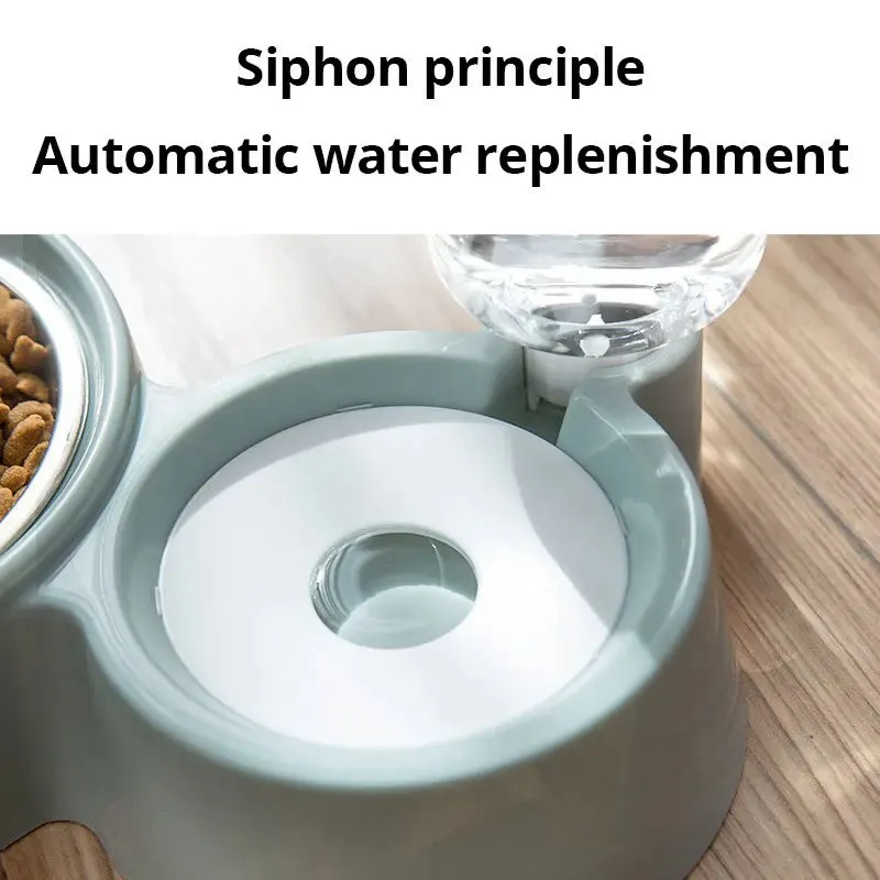 Blue automatic gravity pet food and water feeder bowl with stainless steel interior for cats and dogs