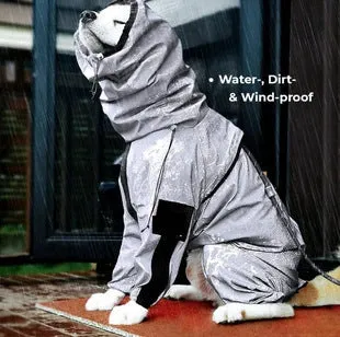 Dog wearing a reflective waterproof polyester raincoat in size M to 5XL for outdoor rain protection