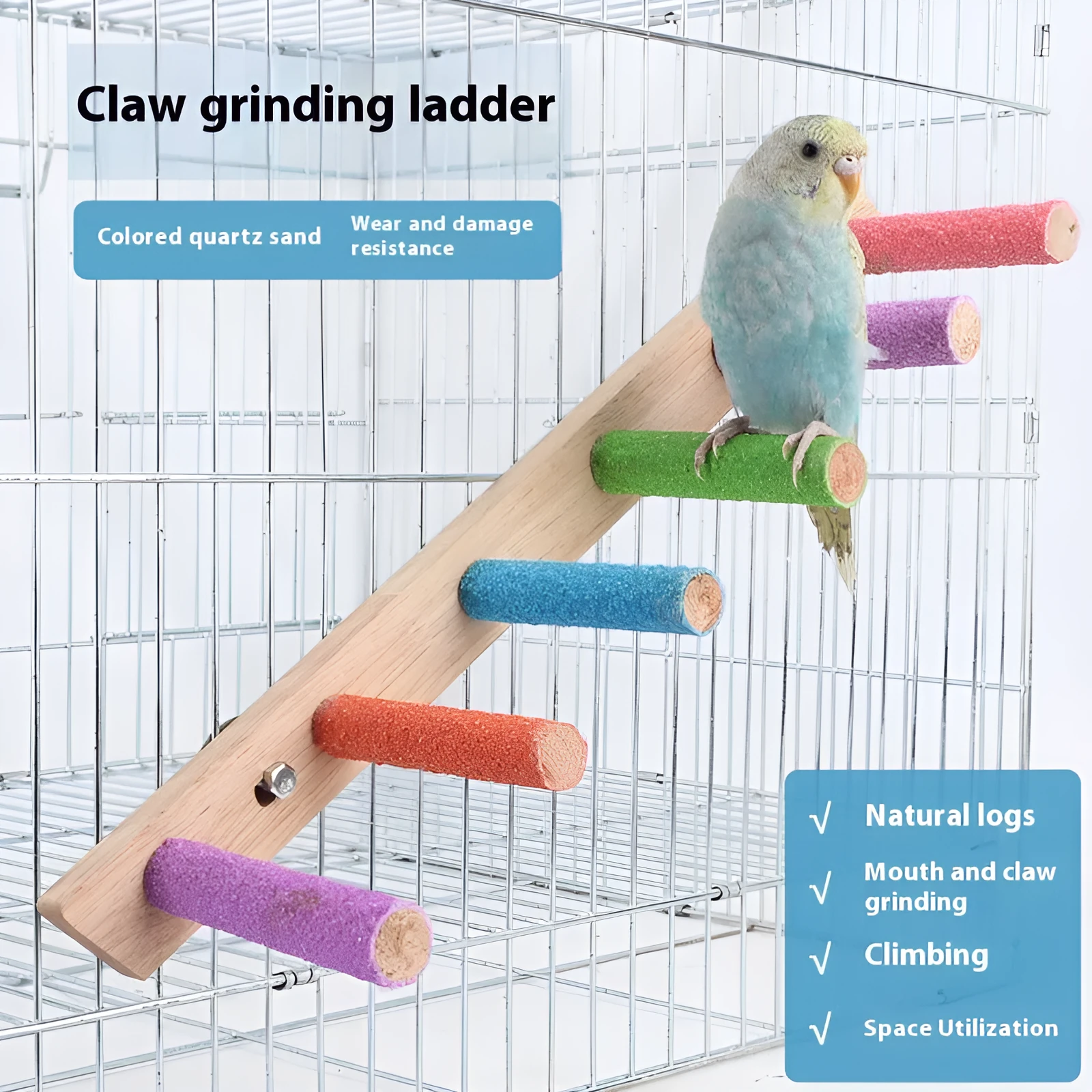 Natural wood frosted parrot grinding stick perch with ladder design
