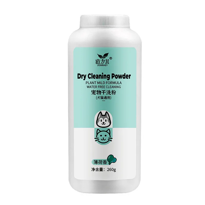 Pet dry cleaning powder 260g pack with non-woven fabric, available in lemon rose and mint fragrances