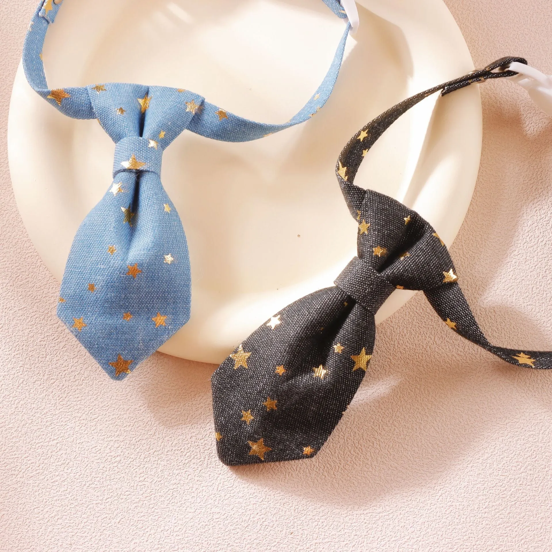 Designer dog collar with golden star decoration on adjustable strap, black colour, S size