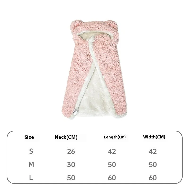 Pink bear cloak pet blanket on a small dog, velvet fabric with hood