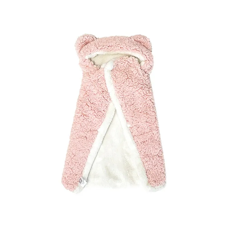 Pink bear cloak pet blanket on a small dog, velvet fabric with hood