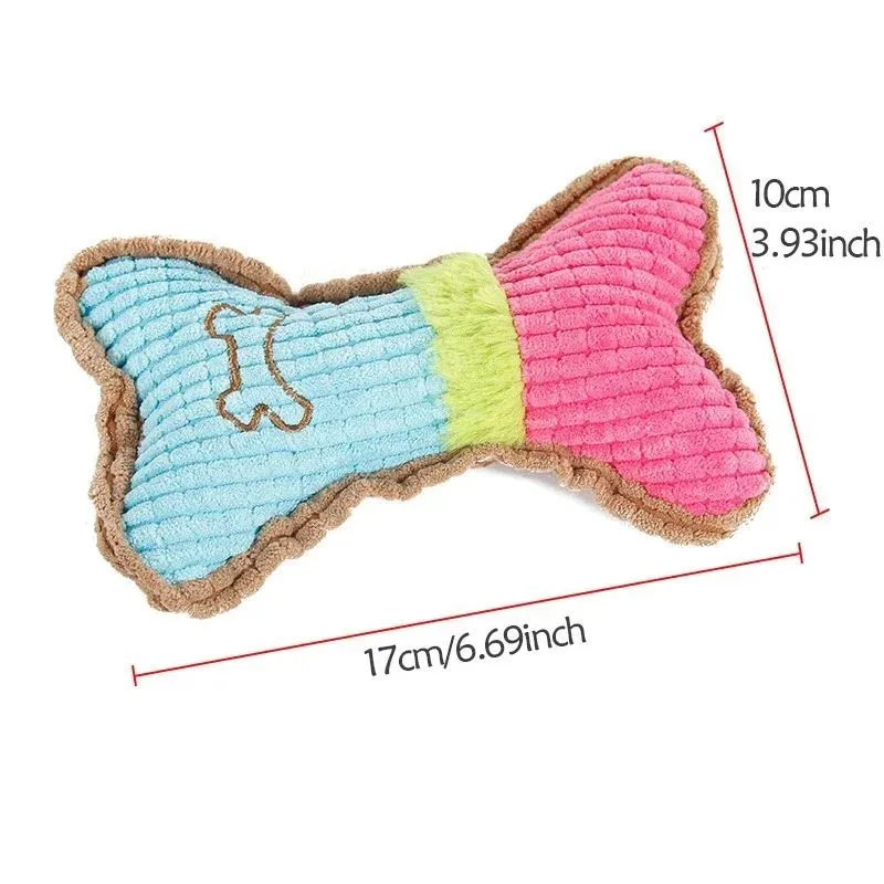 Three plush dog squeaky toys in blue white colour, each measuring 17x10x2cm, on a light background