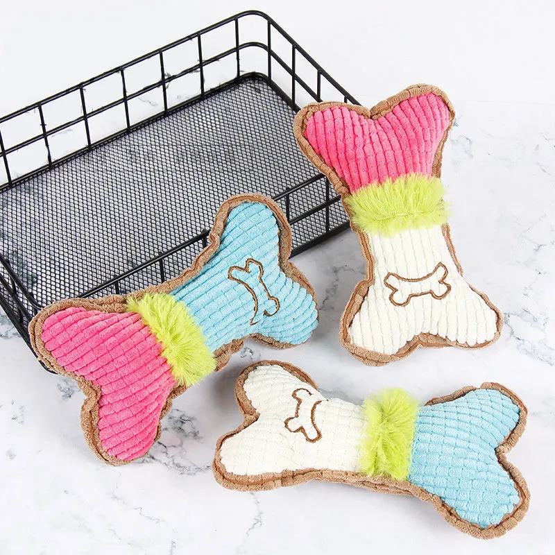 Three plush dog squeaky toys in blue white colour, each measuring 17x10x2cm, on a light background