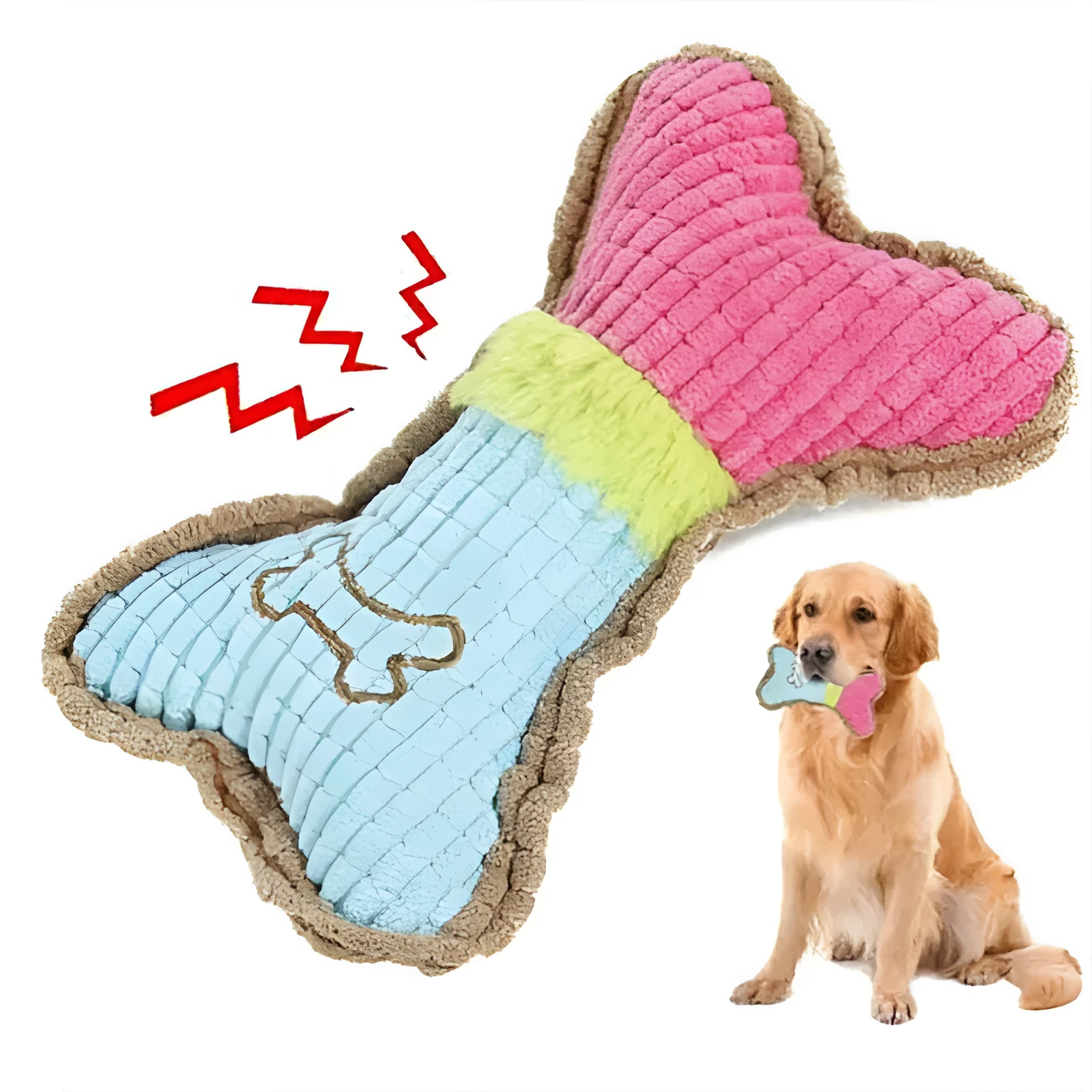Three plush dog squeaky toys in blue white colour, each measuring 17x10x2cm, on a light background