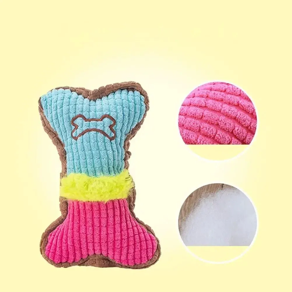 Three plush dog squeaky toys in blue white colour, each measuring 17x10x2cm, on a light background