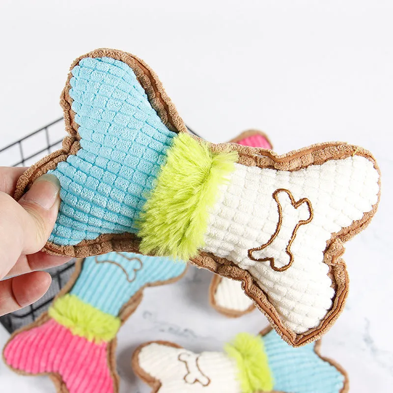 Three plush dog squeaky toys in blue white colour, each measuring 17x10x2cm, on a light background