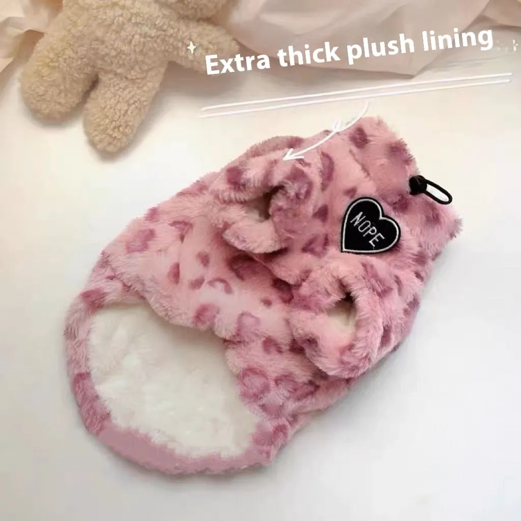 Extra thick fleece dog sweater pink leopard print thermal pet clothing for small medium dogs