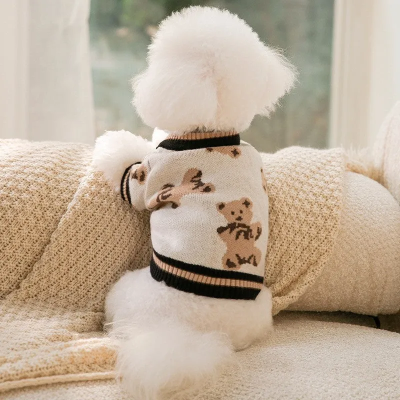 Small dog wearing a casual knit sweater in Beige Bear colour on beige background