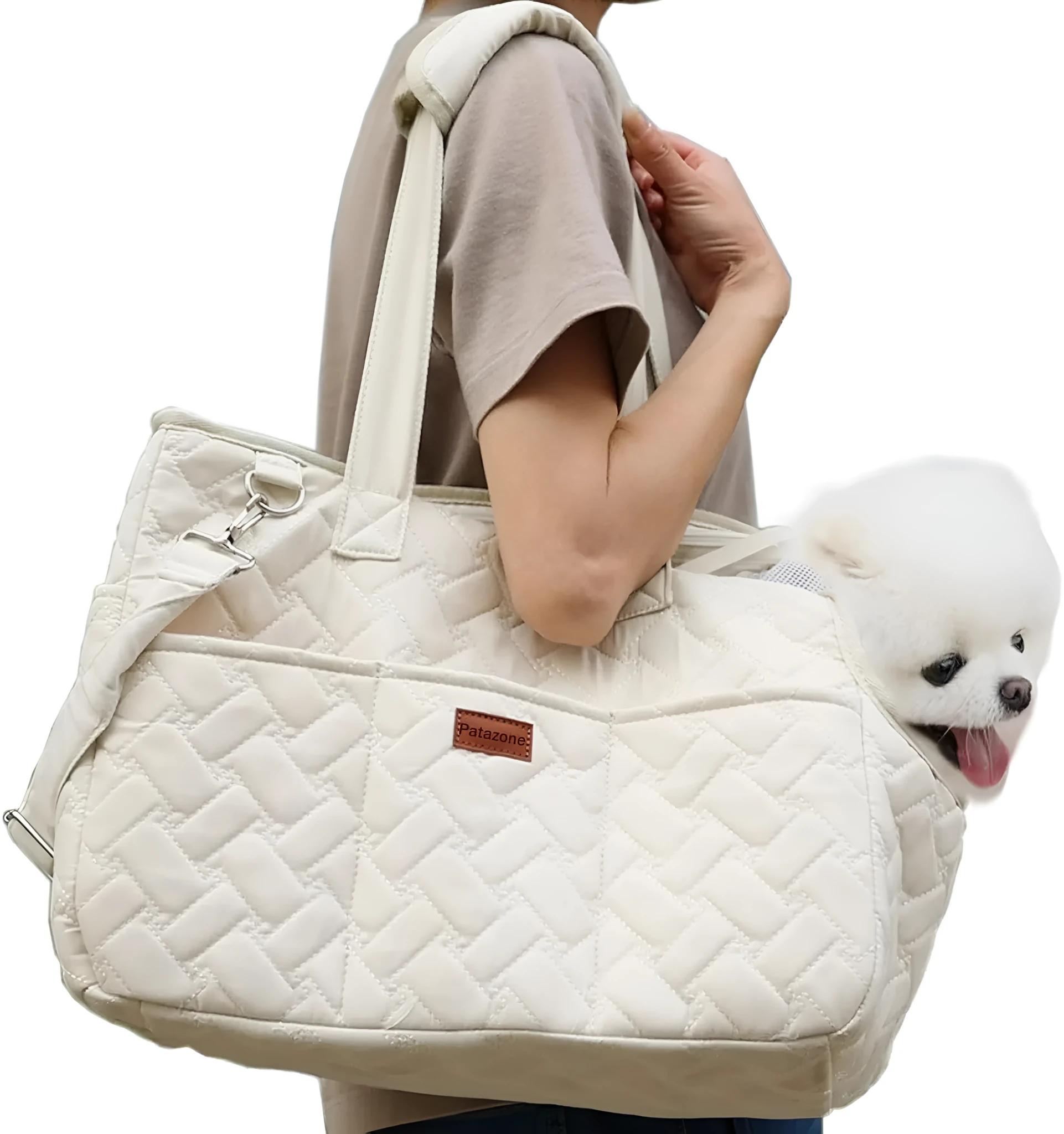 Grey handbag-style pet carrier for cats and small dogs with mesh panels and multiple pockets.