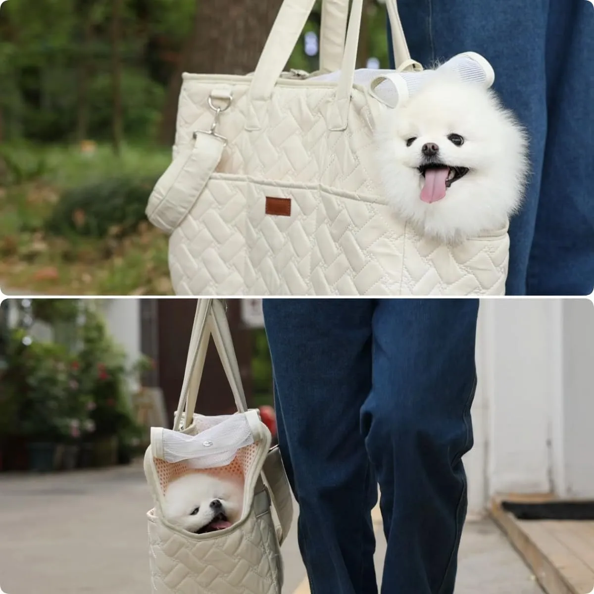 Grey handbag-style pet carrier for cats and small dogs with mesh panels and multiple pockets.