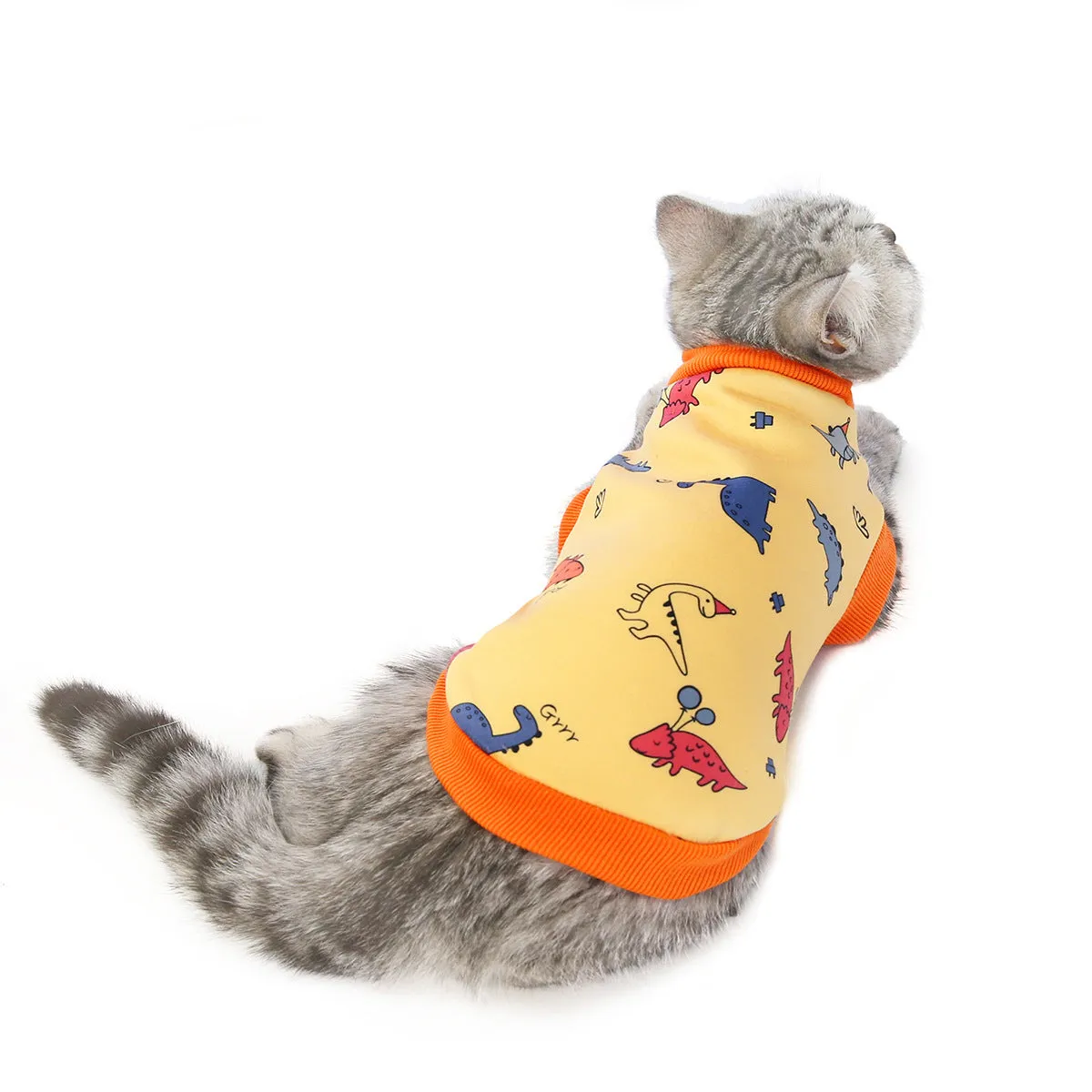Yellow dinosaur design cotton cat clothes for autumn winter, casual style, available in multiple sizes