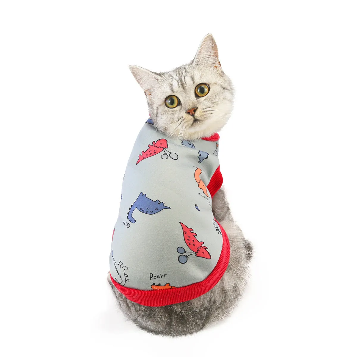 Yellow dinosaur design cotton cat clothes for autumn winter, casual style, available in multiple sizes