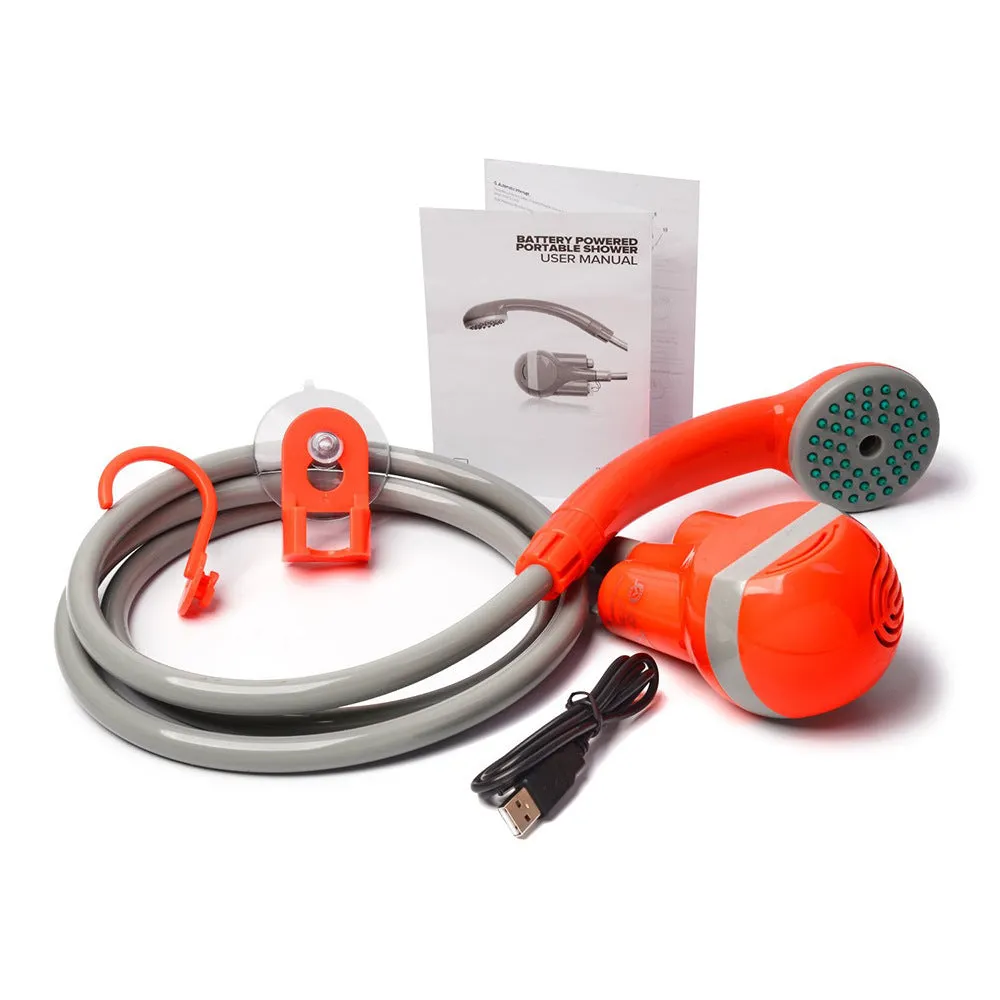 Outdoor electric portable shower in bright orange and yellow, ABS body with 1.8m hose for camping and pet rinse