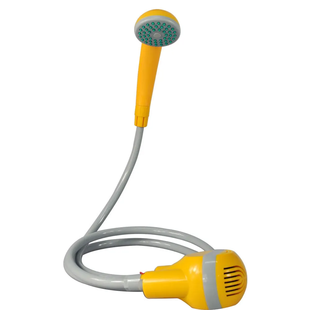 Outdoor electric portable shower in bright orange and yellow, ABS body with 1.8m hose for camping and pet rinse