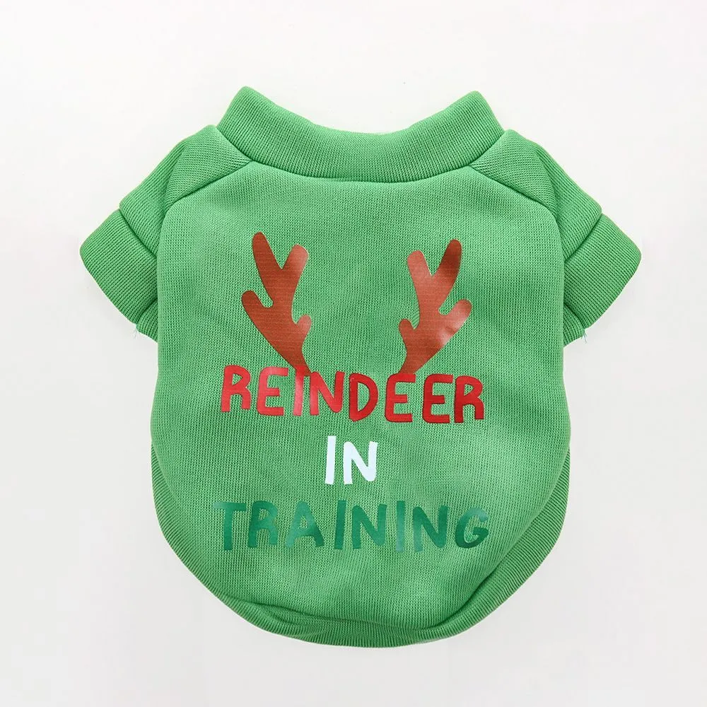 Fleece-lined pet crew neck sweater in red with Christmas hat pattern, shown on a small dog