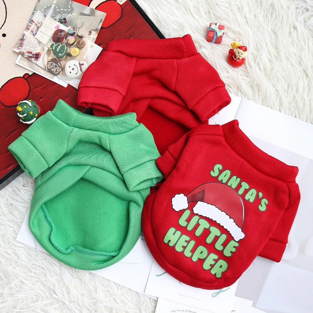 Fleece-lined pet crew neck sweater in red with Christmas hat pattern, shown on a small dog