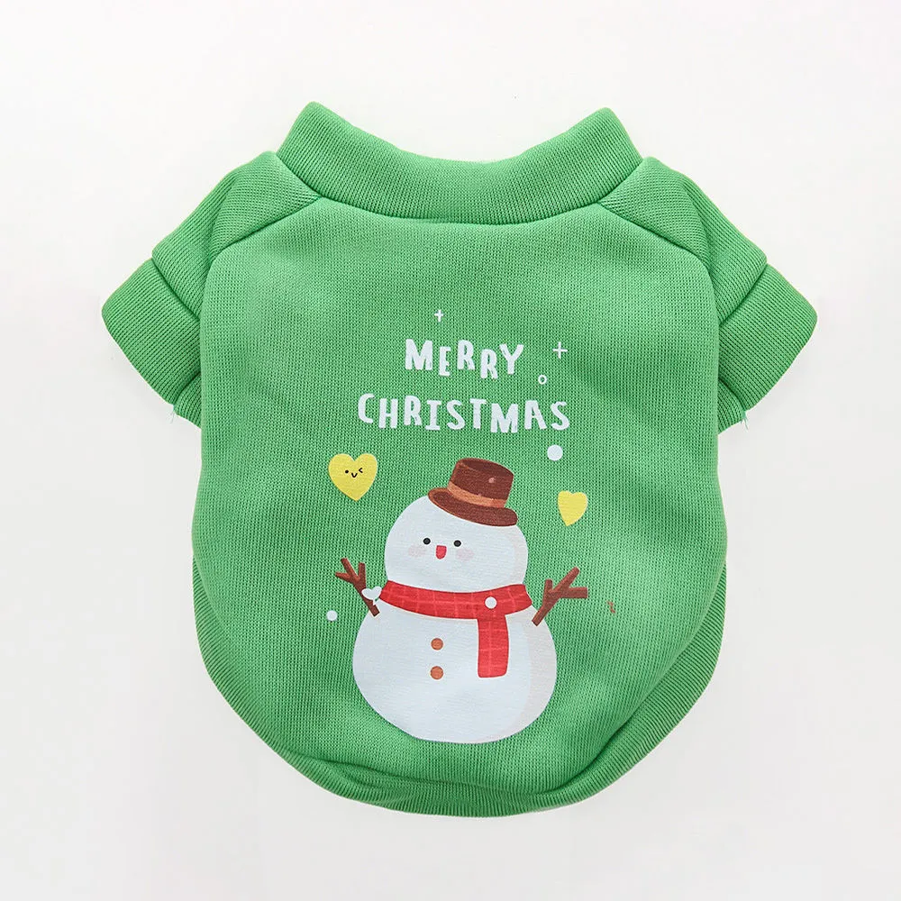 Fleece-lined pet crew neck sweater in red with Christmas hat pattern, shown on a small dog