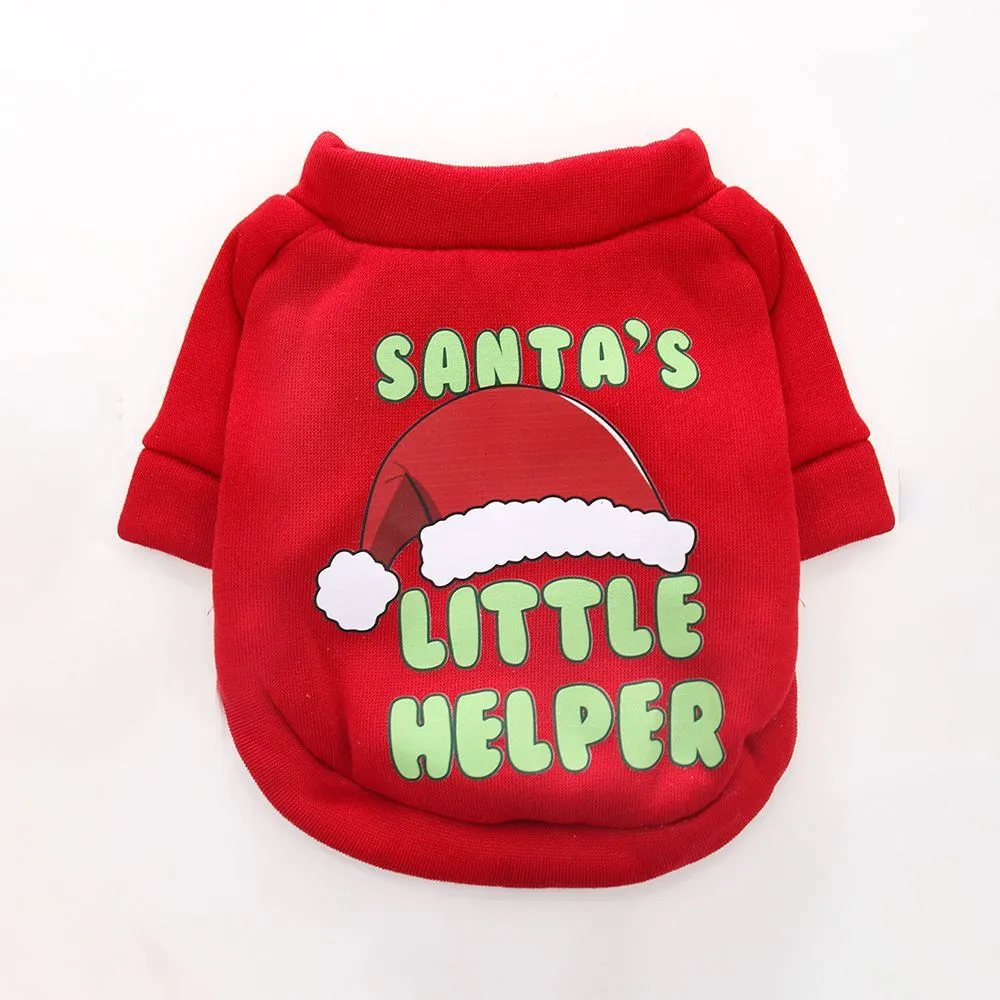 Fleece-lined pet crew neck sweater in red with Christmas hat pattern, shown on a small dog