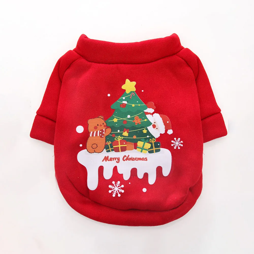 Fleece-lined pet crew neck sweater in red with Christmas hat pattern, shown on a small dog