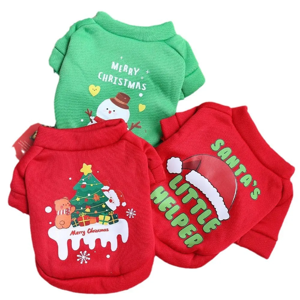 Fleece-lined pet crew neck sweater in red with Christmas hat pattern, shown on a small dog