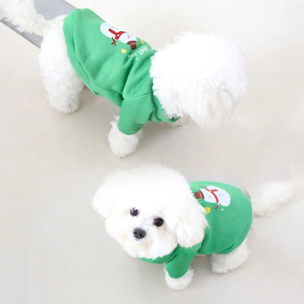 Fleece-lined pet crew neck sweater in red with Christmas hat pattern, shown on a small dog