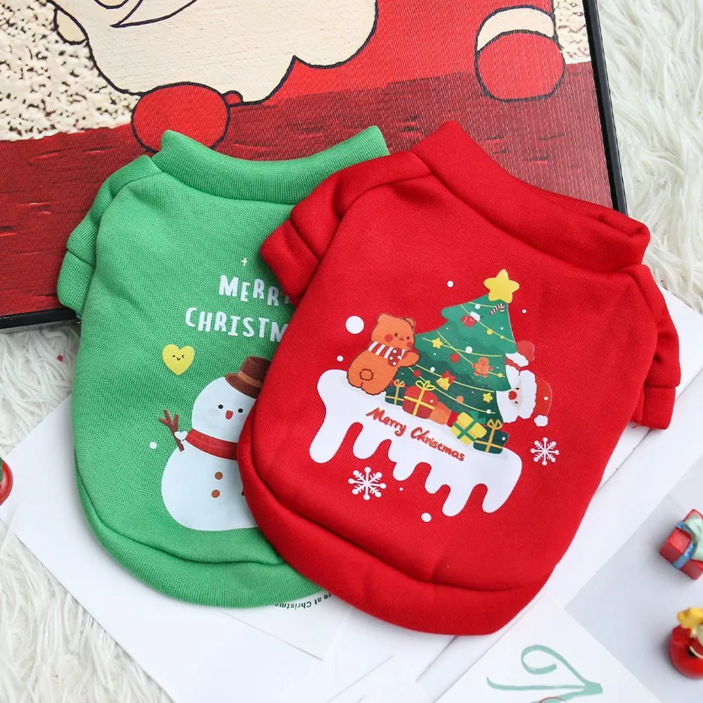 Fleece-lined pet crew neck sweater in red with Christmas hat pattern, shown on a small dog