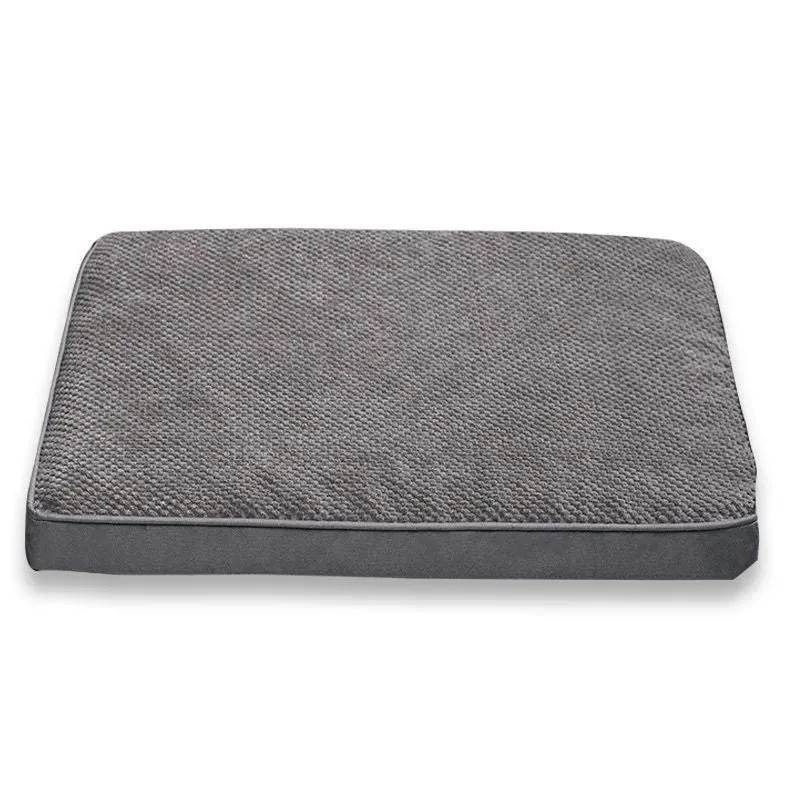 Pet memory foam mat with removable cover in grey, coffee, green, and khaki colours, four sizes