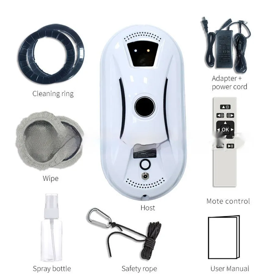 White automatic window cleaning robot with remote control, compact 28cm by 13cm by 9cm size