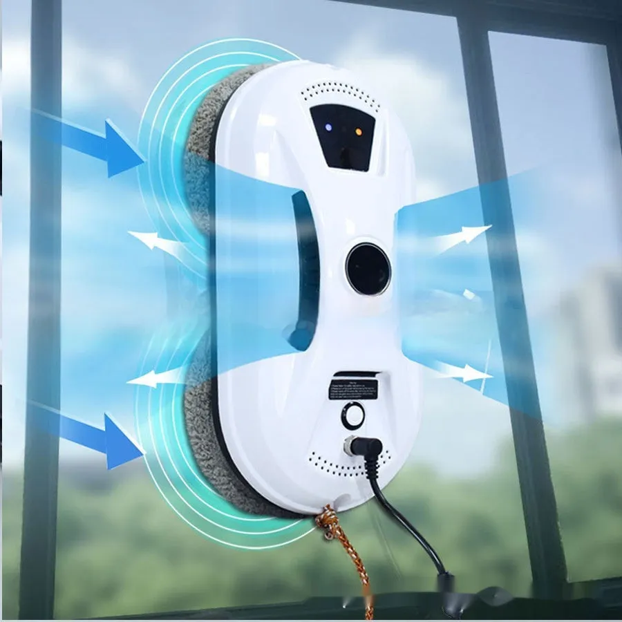 White automatic window cleaning robot with remote control, compact 28cm by 13cm by 9cm size