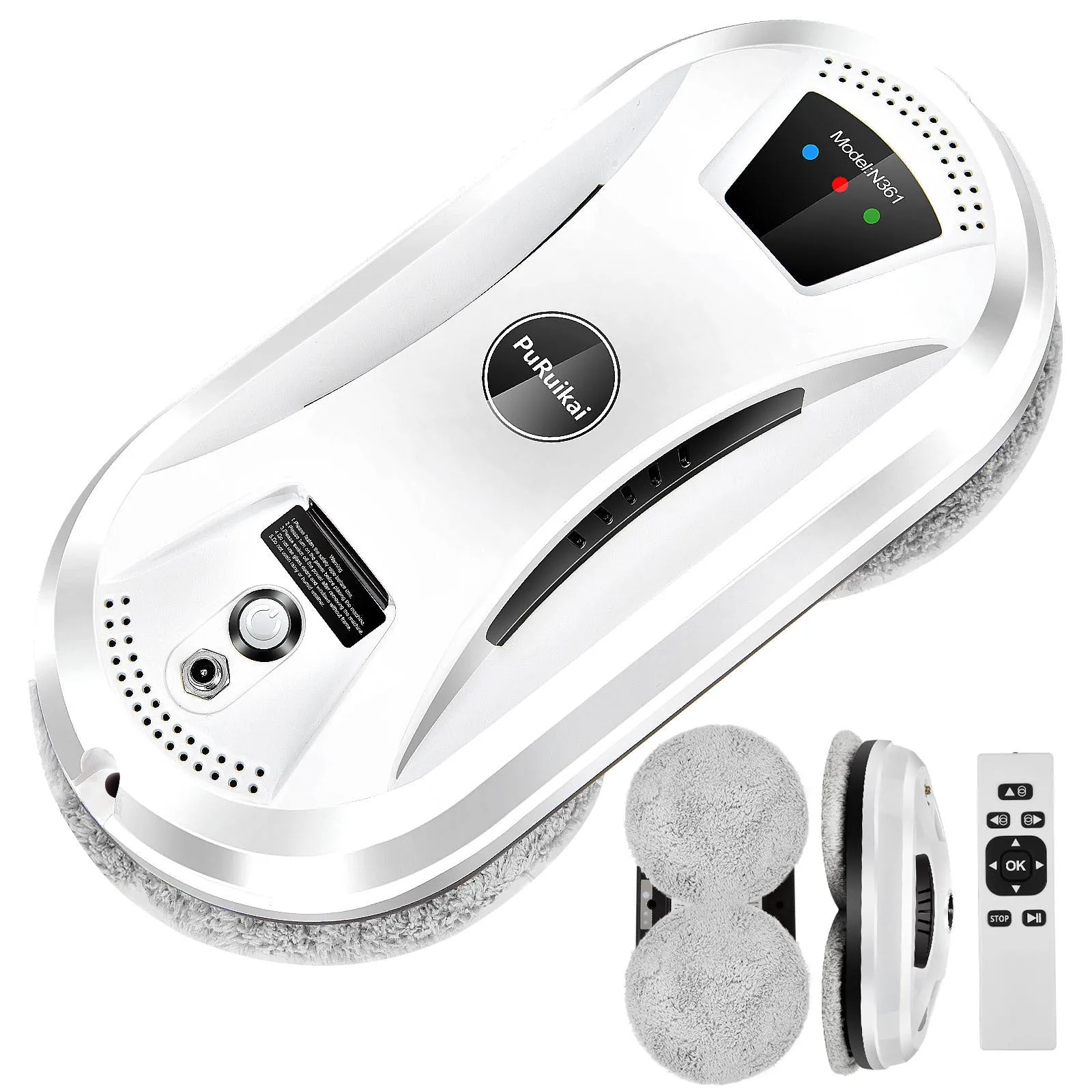 White automatic window cleaning robot with remote control, compact 28cm by 13cm by 9cm size
