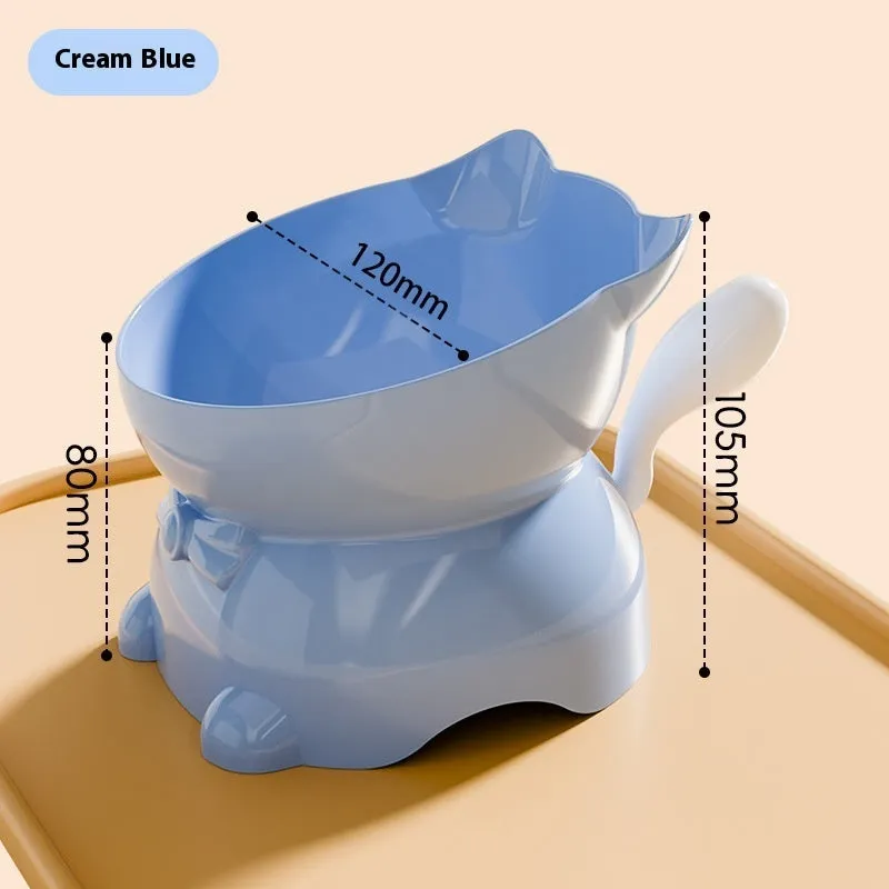 Stainless steel slanted cat bowl with silicone base in blue, showing its anti-fall design.