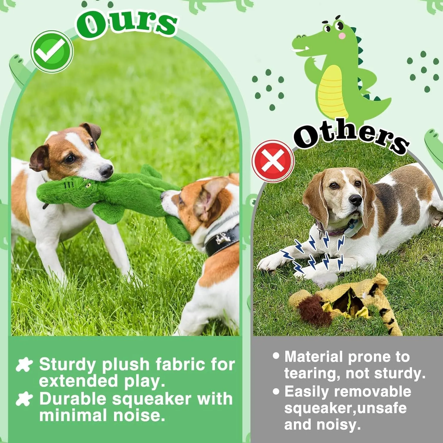 Dark green plush crocodile dog toy with no stuffing, squeaker, and crinkle paper