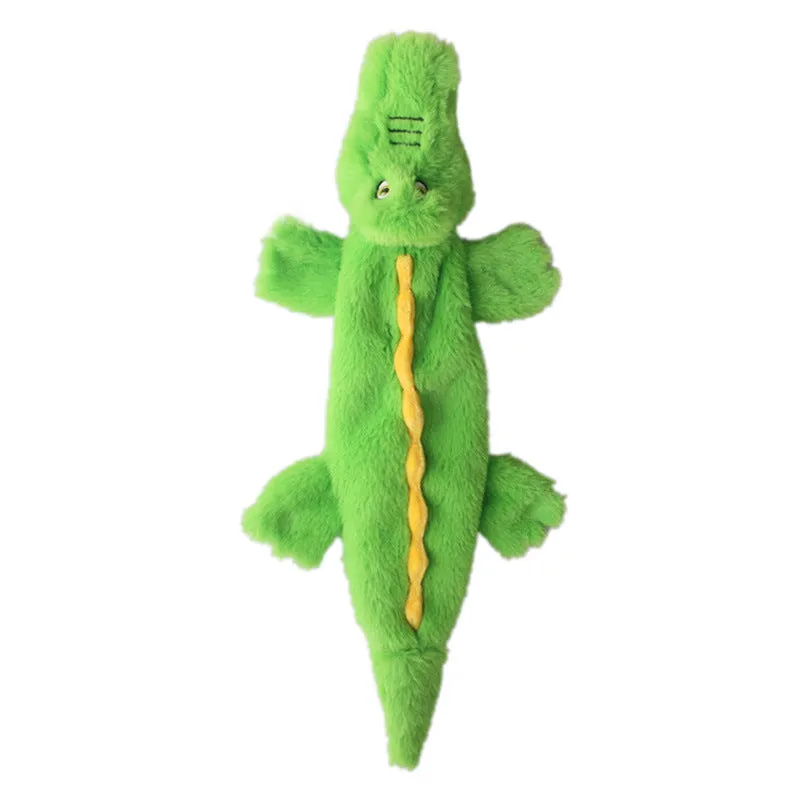 Dark green plush crocodile dog toy with no stuffing, squeaker, and crinkle paper