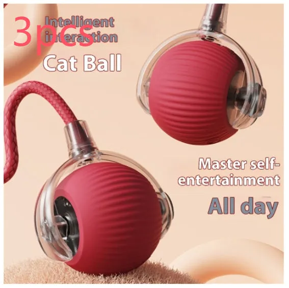 Electric cat toy automatic rolling ball in blue with rope attachment, on wooden floor