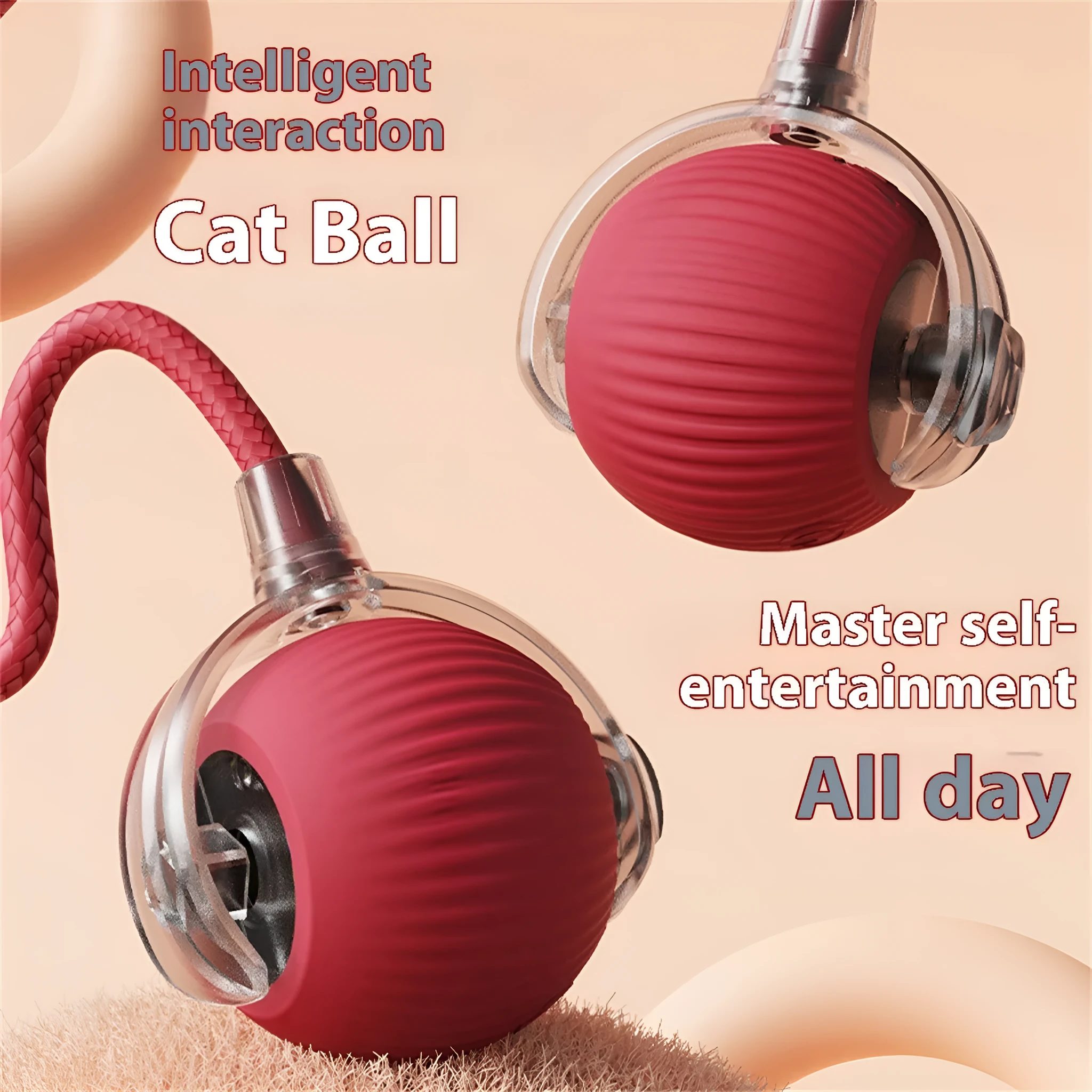 Electric cat toy automatic rolling ball in blue with rope attachment, on wooden floor