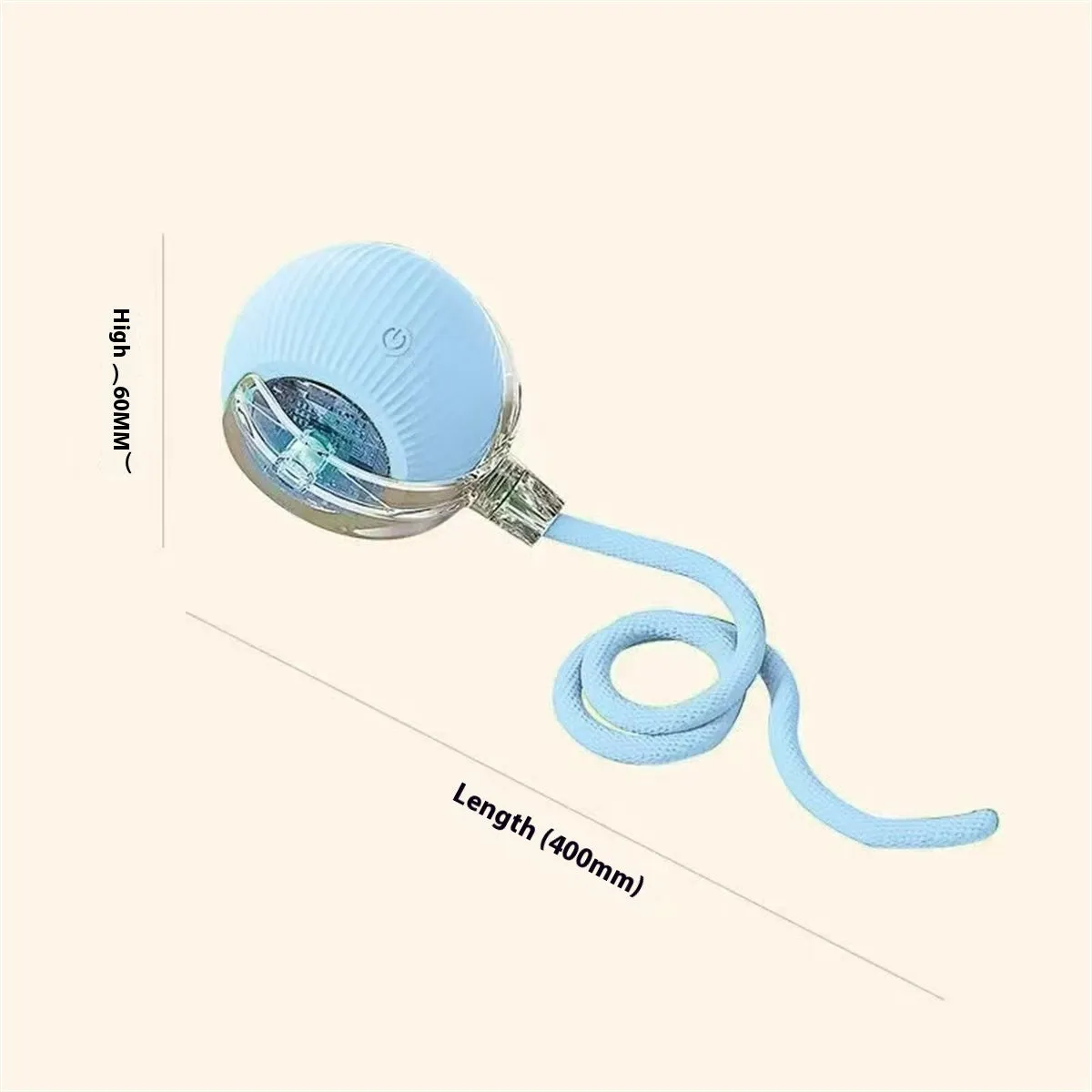 Electric cat toy automatic rolling ball in blue with rope attachment, on wooden floor
