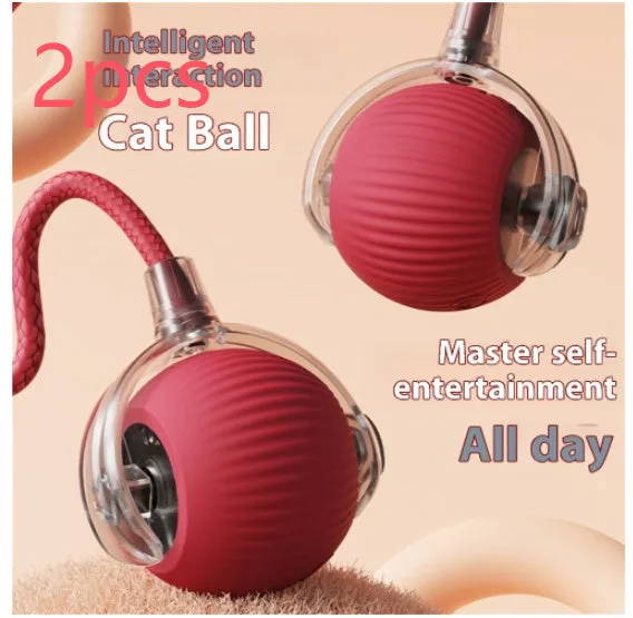 Electric cat toy automatic rolling ball in blue with rope attachment, on wooden floor