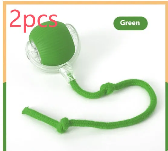 Electric cat toy automatic rolling ball in blue with rope attachment, on wooden floor